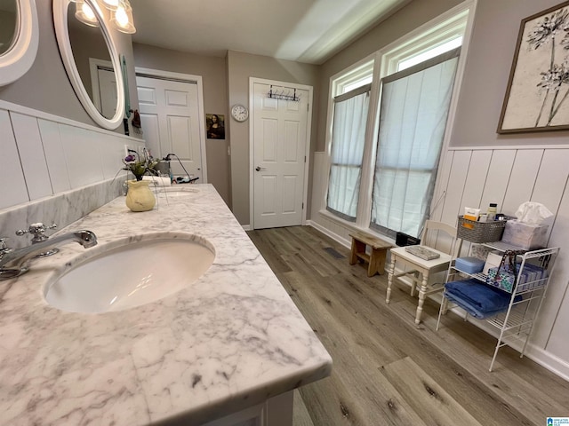 bathroom featuring double vanity, visible vents, wainscoting, a sink, and wood finished floors