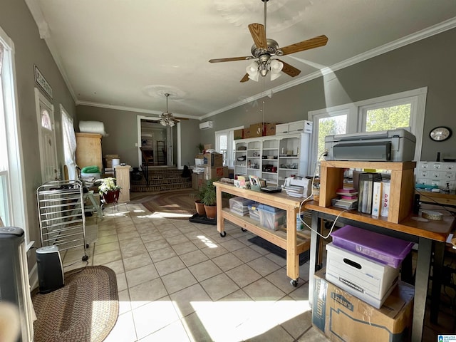 interior space featuring light tile patterned floors, ceiling fan, and crown molding