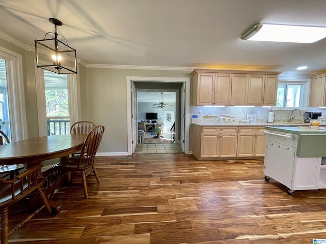 kitchen with wood finished floors, baseboards, hanging light fixtures, ornamental molding, and light brown cabinetry