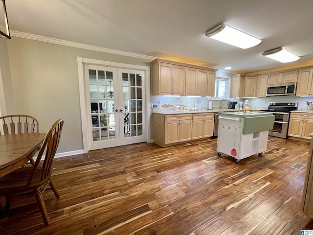 kitchen featuring dark wood-style floors, visible vents, appliances with stainless steel finishes, and french doors