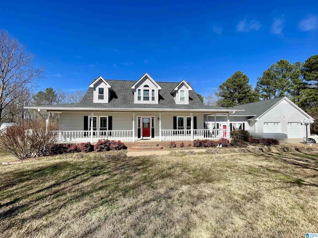 new england style home with a garage, roof with shingles, a porch, and a front lawn