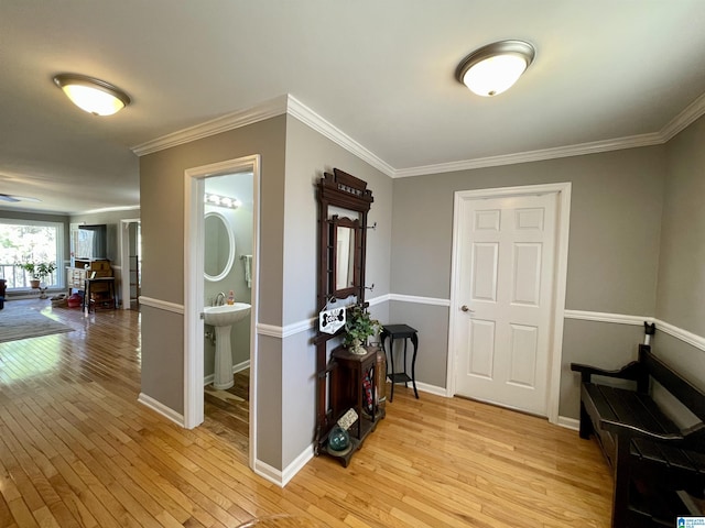 interior space with light wood-type flooring, crown molding, and baseboards