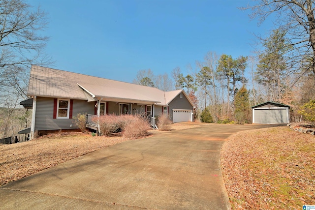 single story home featuring covered porch and metal roof