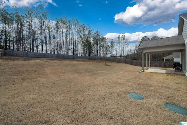 view of yard featuring a fenced backyard and a patio