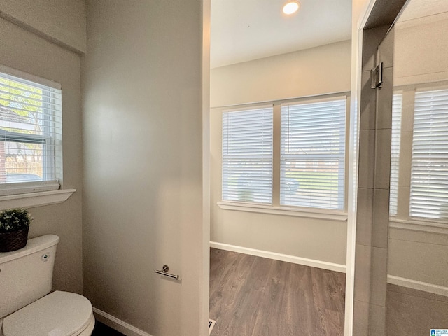 bathroom with baseboards, walk in shower, toilet, and wood finished floors