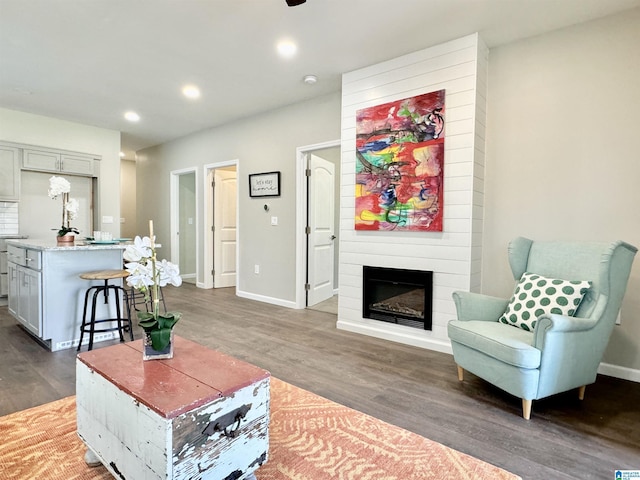 living area featuring recessed lighting, a large fireplace, baseboards, and wood finished floors