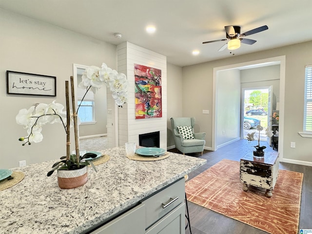 interior space featuring a fireplace, ceiling fan, vanity, wood finished floors, and baseboards