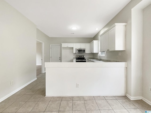 kitchen featuring a peninsula, appliances with stainless steel finishes, a sink, and white cabinetry