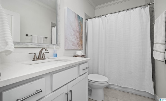 full bath with toilet, ornamental molding, vanity, and tile patterned flooring