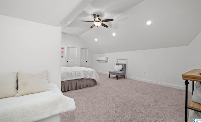 carpeted bedroom featuring a ceiling fan, a wall mounted AC, recessed lighting, baseboards, and vaulted ceiling