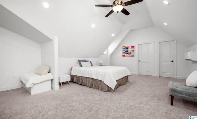 carpeted bedroom with vaulted ceiling, recessed lighting, baseboards, and ceiling fan