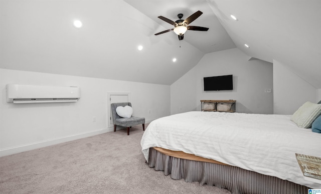 carpeted bedroom with baseboards, lofted ceiling, recessed lighting, ceiling fan, and an AC wall unit