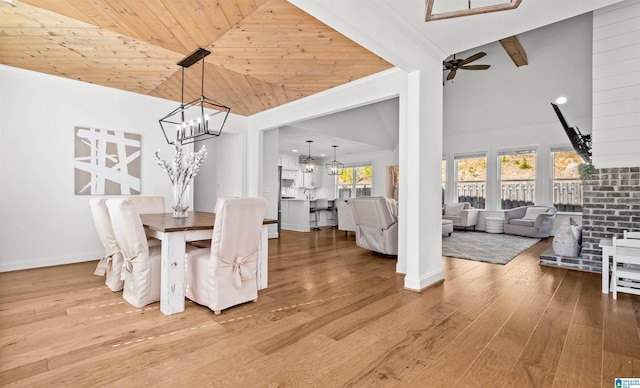 dining room with wood finished floors, baseboards, ornamental molding, wooden ceiling, and ceiling fan with notable chandelier