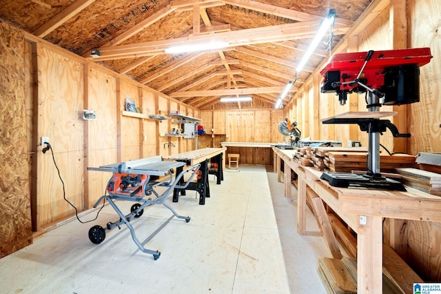 exercise room featuring lofted ceiling and a workshop area