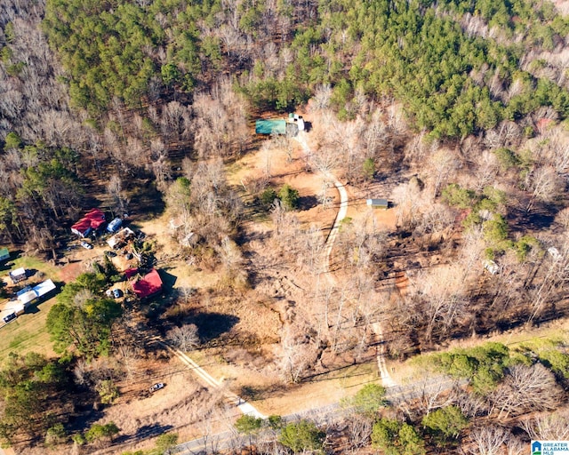 drone / aerial view featuring a forest view