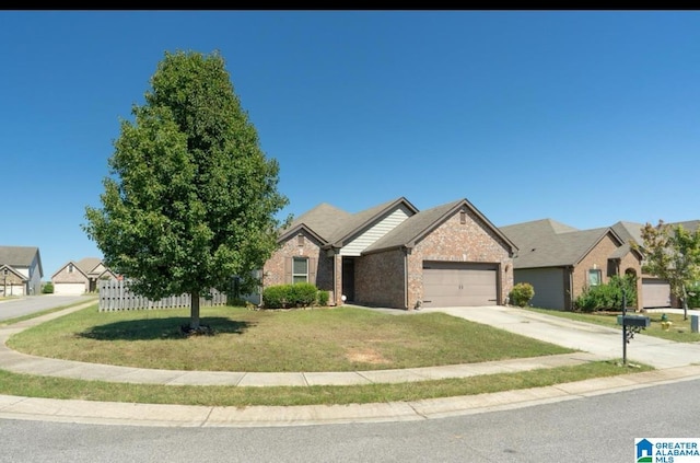 view of front of home with a residential view, concrete driveway, a front yard, a garage, and brick siding