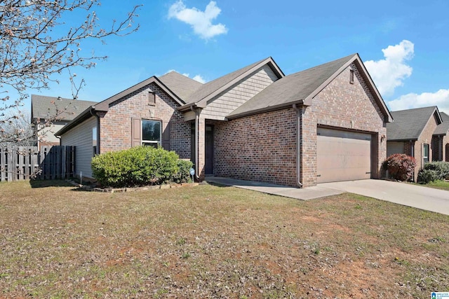 ranch-style house featuring fence, concrete driveway, a front lawn, a garage, and brick siding