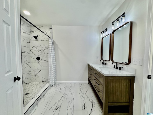 full bath with marble finish floor, a sink, and a marble finish shower