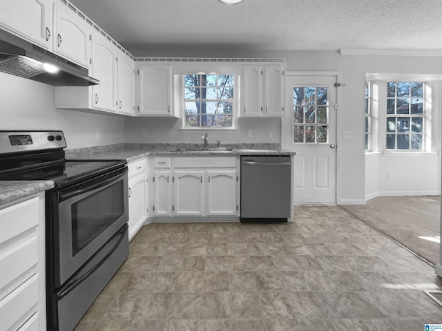 kitchen with under cabinet range hood, a sink, white cabinets, stainless steel range with electric cooktop, and dishwasher