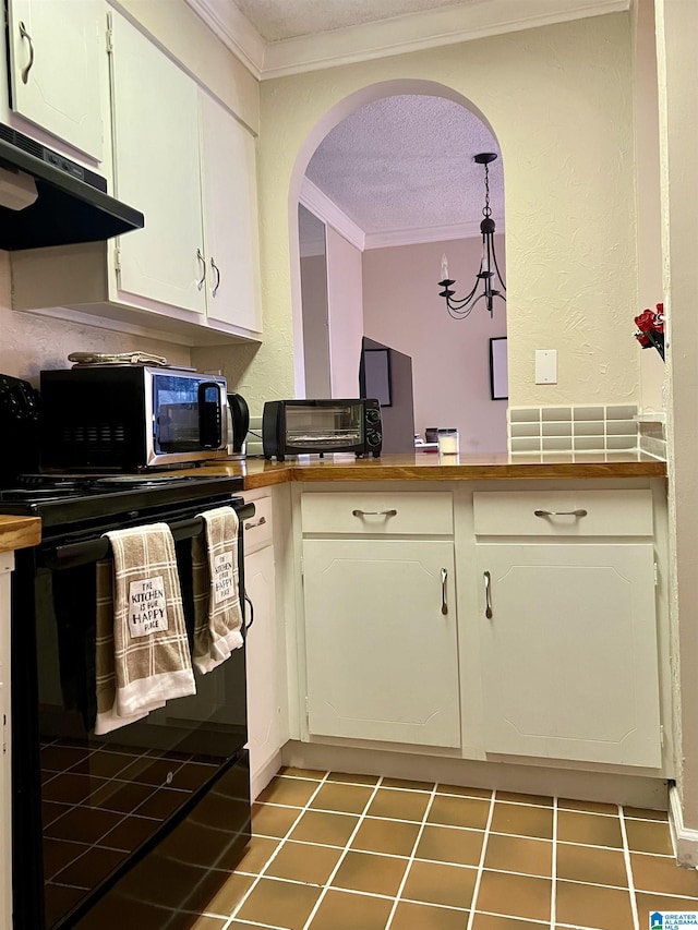 171 Old Montgomery Hwy Unit A, Homewood, AL 35216 - kitchen featuring electric range, crown molding, a textured ceiling, under cabinet range hood, and wooden counters