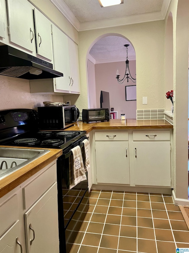 171 Old Montgomery Hwy Unit A, Homewood, AL 35216 - kitchen featuring under cabinet range hood, electric range, butcher block countertops, crown molding, and arched walkways
