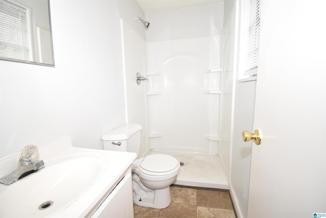 full bathroom with toilet, walk in shower, and vanity