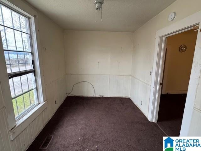 carpeted empty room featuring wainscoting, visible vents, and a textured ceiling