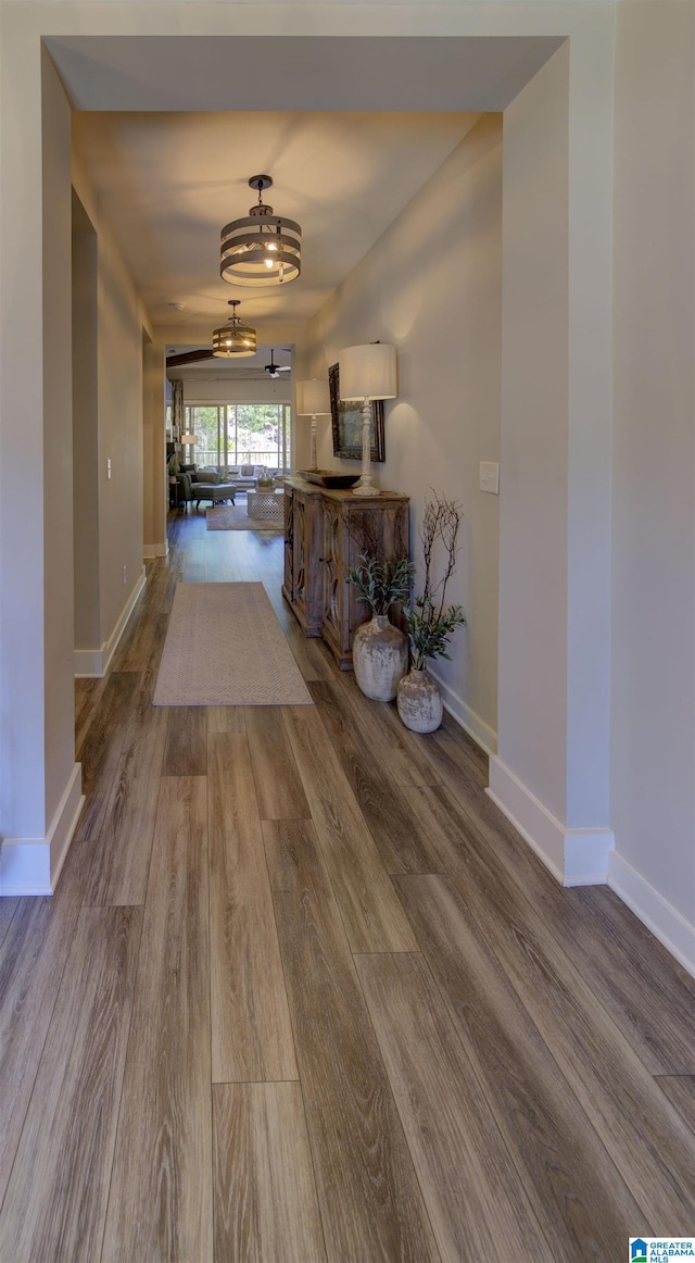 hallway with baseboards and wood finished floors