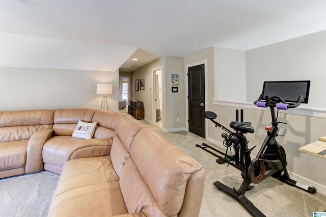 living room featuring carpet floors, recessed lighting, and baseboards