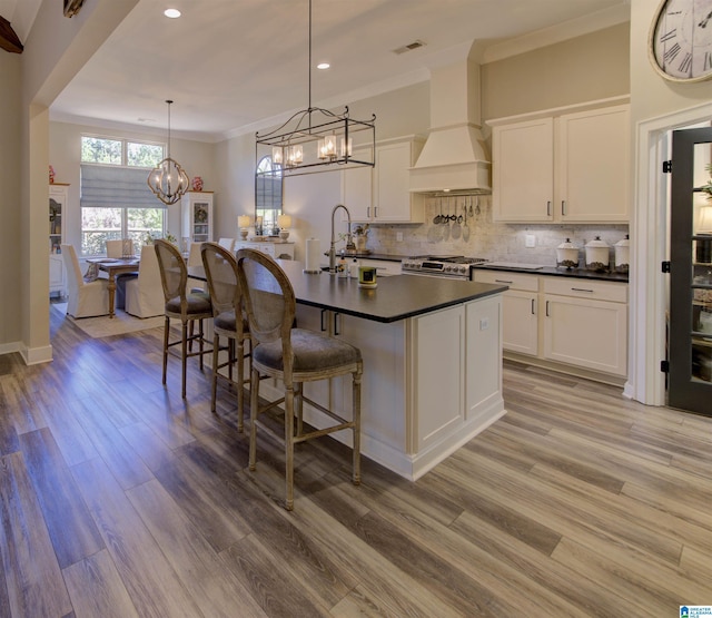 kitchen featuring dark countertops, custom range hood, a sink, and gas range