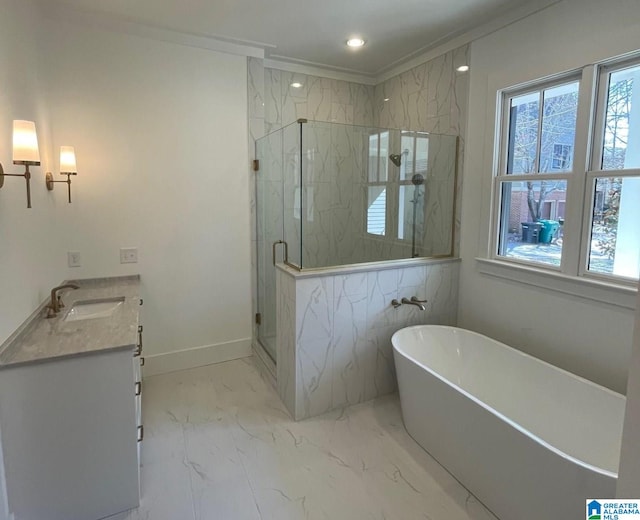 bathroom featuring recessed lighting, baseboards, a freestanding bath, marble finish floor, and a marble finish shower