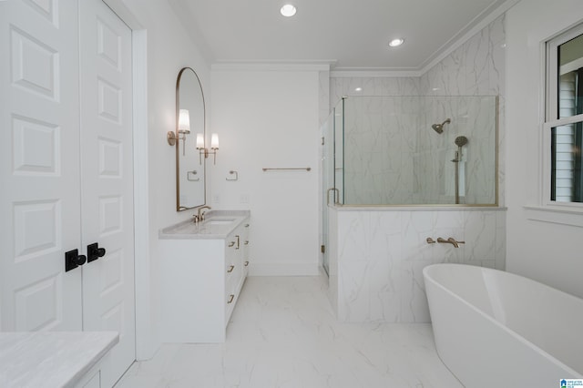 212 Olmsted St, Birmingham, AL 35242 - full bathroom with a marble finish shower, marble finish floors, vanity, a freestanding bath, and recessed lighting