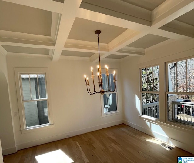 unfurnished dining area featuring a notable chandelier, coffered ceiling, wood finished floors, visible vents, and baseboards