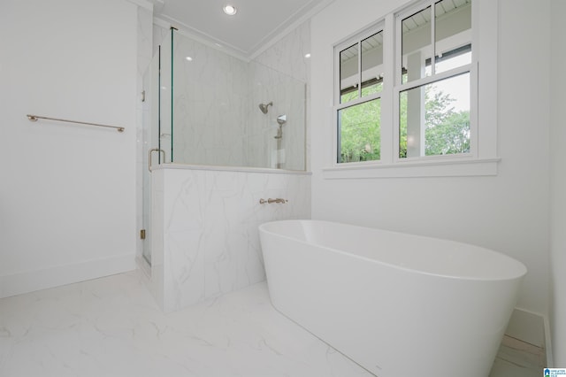 212 Olmsted St, Birmingham, AL 35242 - full bath featuring marble finish flooring, a marble finish shower, a freestanding tub, baseboards, and ornamental molding