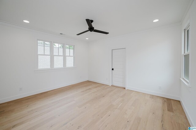 212 Olmsted St, Birmingham, AL 35242 - empty room featuring ornamental molding, ceiling fan, light wood-style floors, baseboards, and recessed lighting