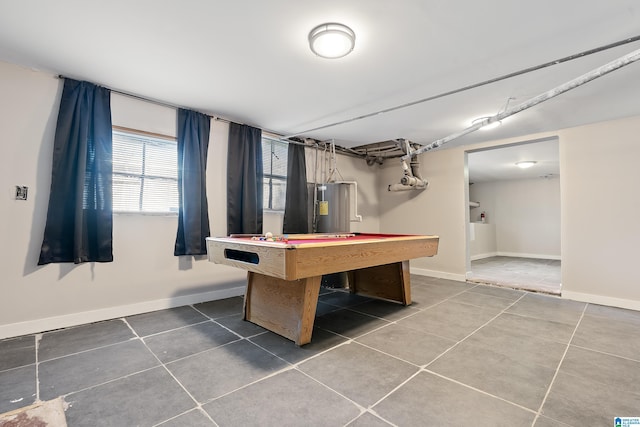 rec room with tile patterned floors, pool table, electric water heater, and baseboards