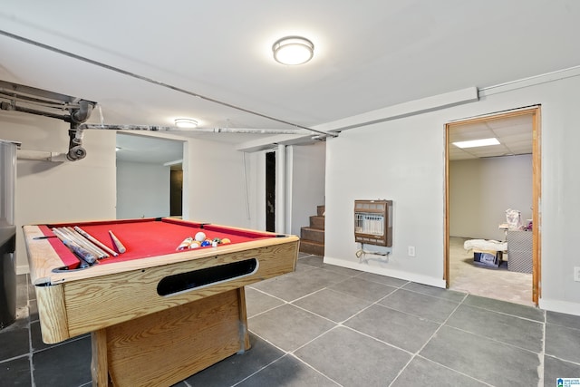 playroom with a drop ceiling, heating unit, pool table, tile patterned flooring, and baseboards