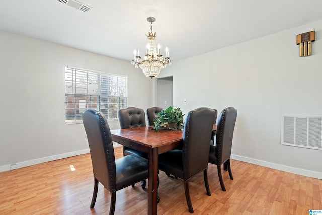 dining area with light wood-type flooring, visible vents, and baseboards