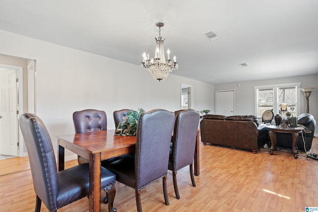 dining area featuring light wood finished floors, visible vents, and an inviting chandelier