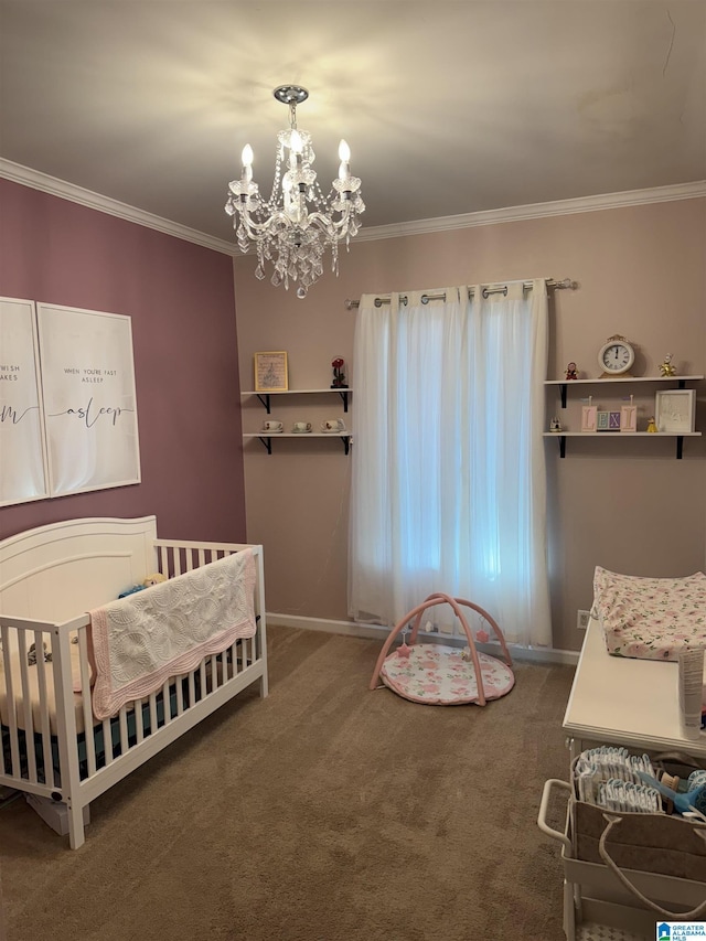 bedroom with a nursery area, carpet, and crown molding