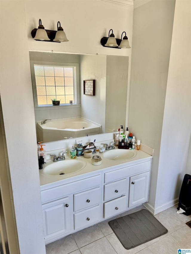 full bathroom featuring double vanity, a garden tub, a sink, and tile patterned floors