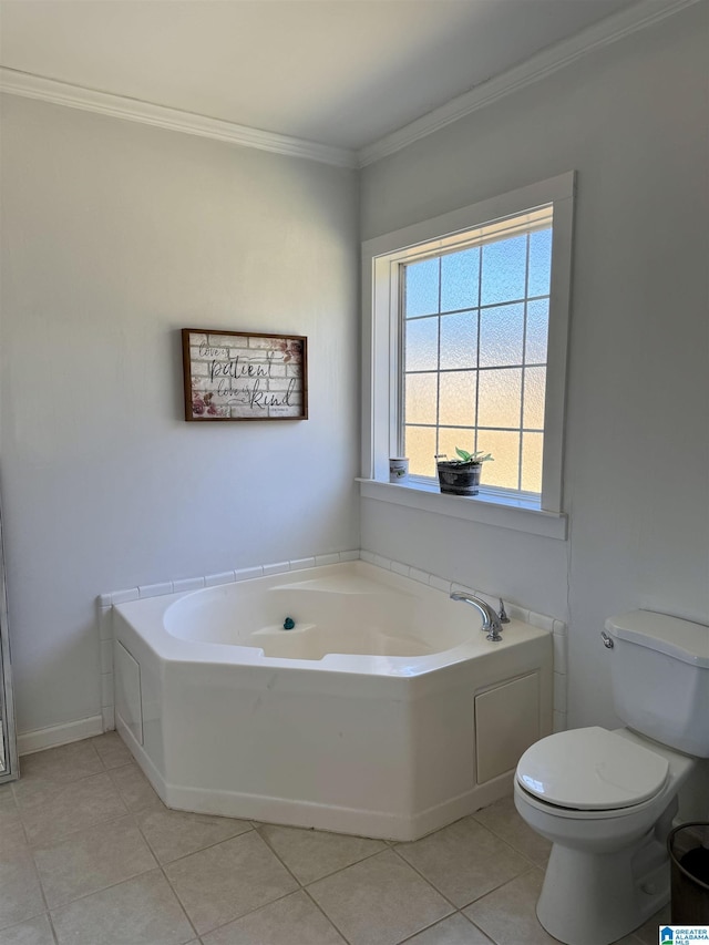 full bath with toilet, tile patterned floors, crown molding, and a bath