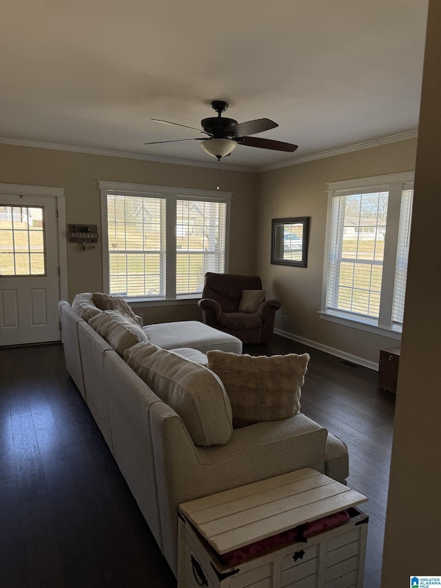 living room featuring plenty of natural light, dark wood-style flooring, and crown molding