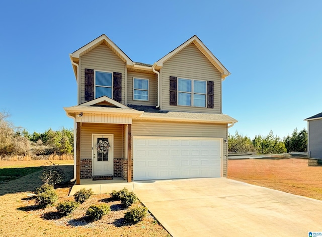 view of front of home with driveway, an attached garage, and brick siding