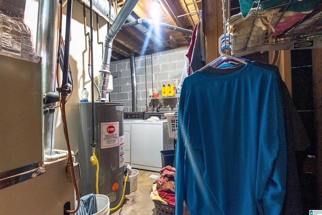 utility room featuring water heater and washer and dryer