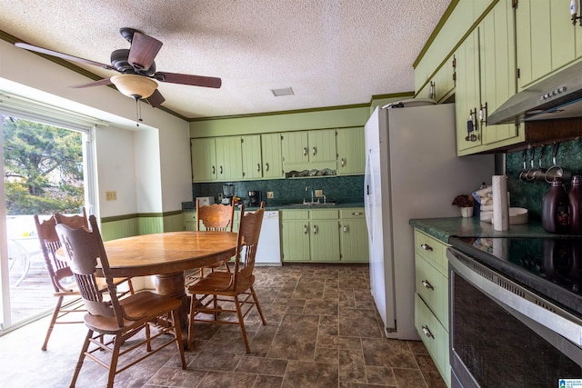 kitchen with green cabinetry, white dishwasher, stainless steel range with electric cooktop, under cabinet range hood, and a sink