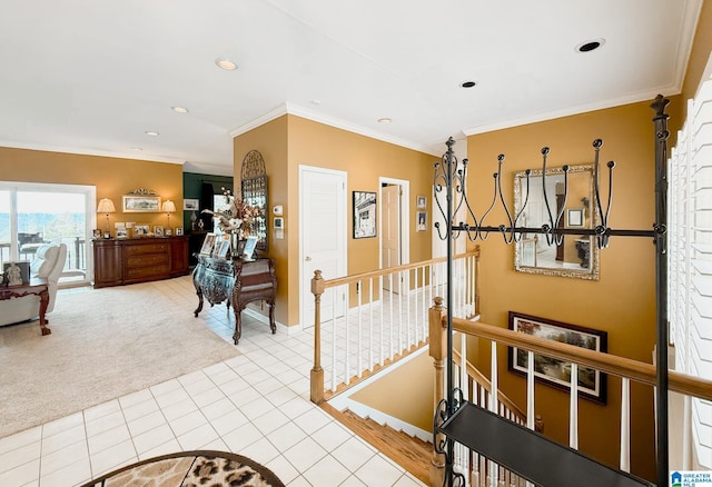 interior space with light tile patterned floors, recessed lighting, crown molding, and light colored carpet