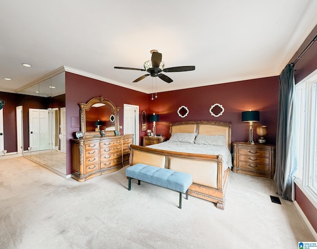 carpeted bedroom with ornamental molding, recessed lighting, a ceiling fan, and baseboards