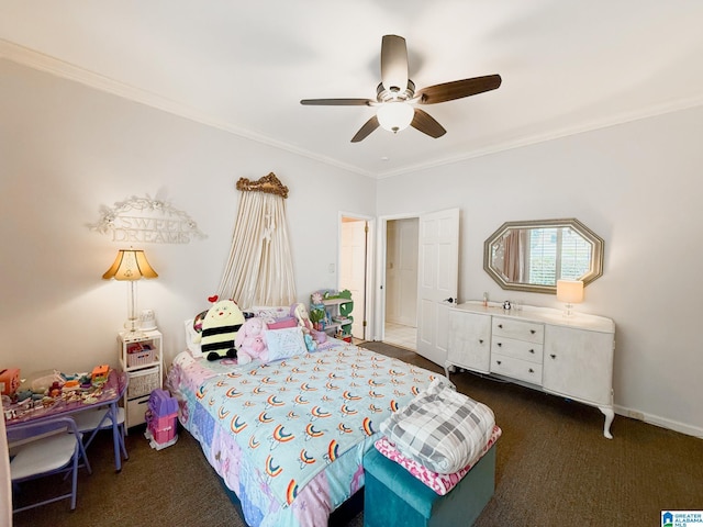 bedroom featuring ornamental molding, dark carpet, a ceiling fan, and baseboards