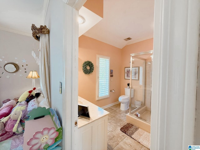 bathroom featuring lofted ceiling, toilet, visible vents, tile patterned floors, and a stall shower